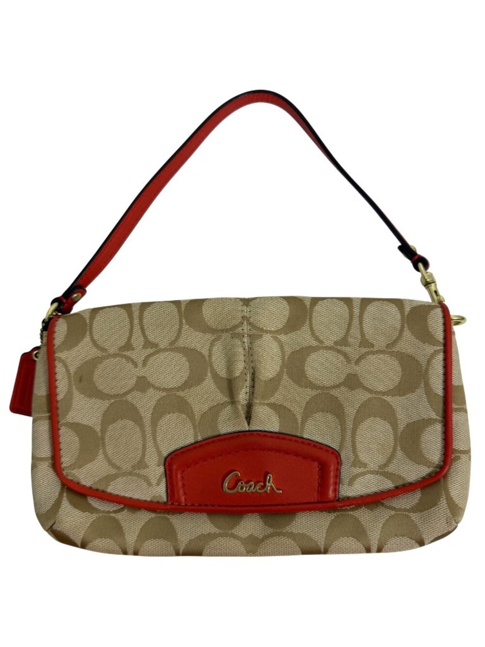 COACH Signature Large Front Flap Wristlet Clutch + Hang Tag Khaki/ Orangish/Red